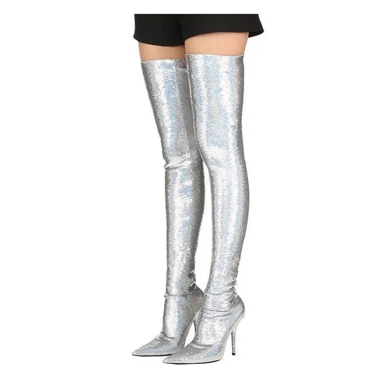 Silver Sequin Boots Pointy Toe Thigh High Party Long Boots |FSJ Shoes