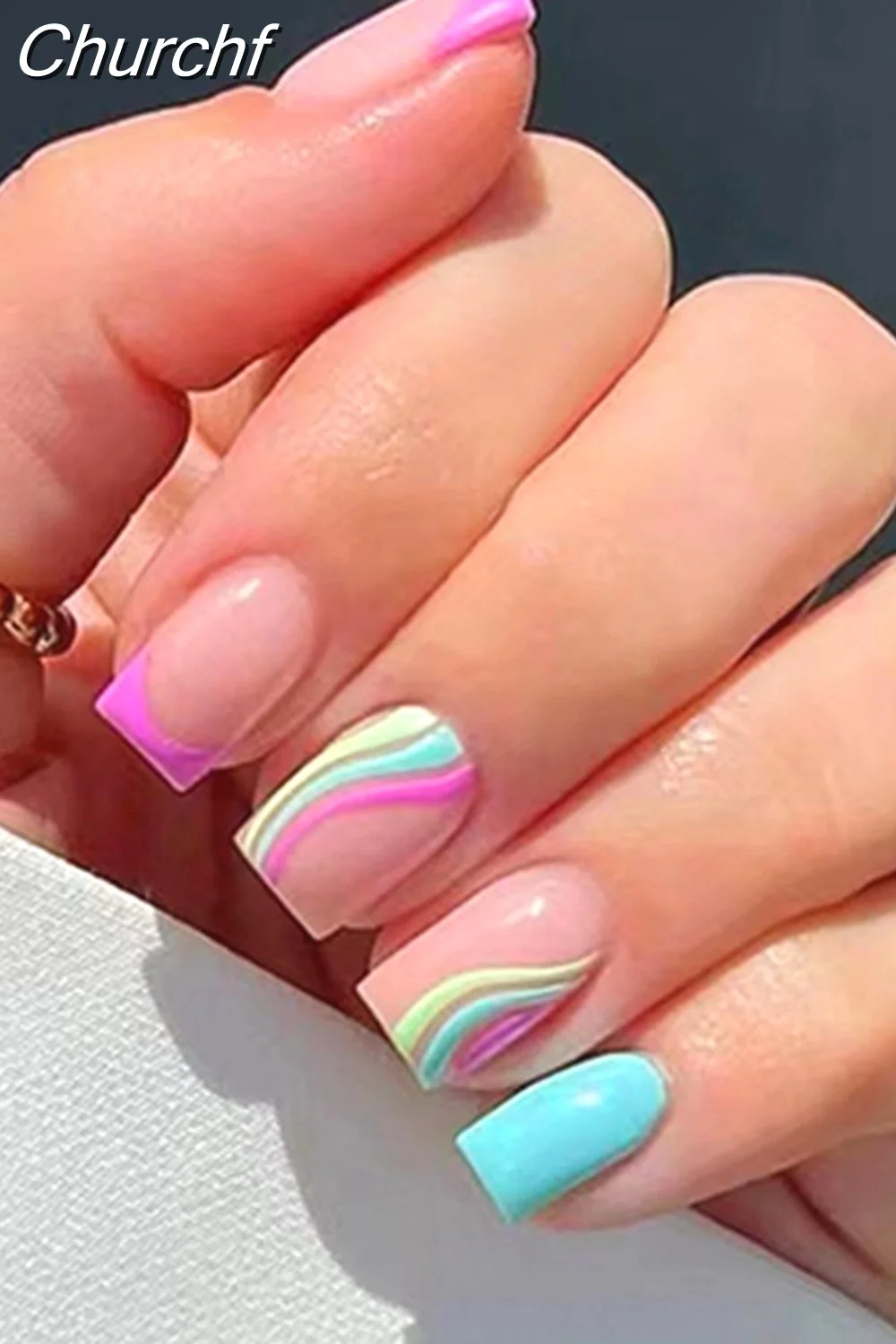 Churchf Wave Line Short Ballet French False Nails With Flower design Square Head Fake Nail Tips Simple Wearable Press On Nails-Nail Inspo