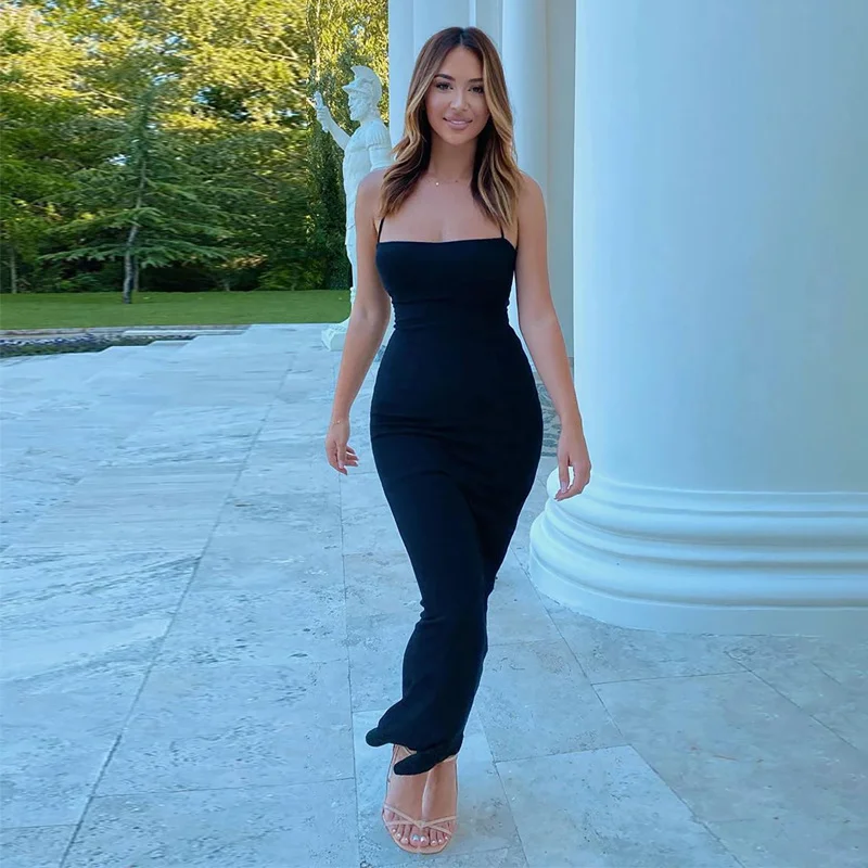 Uveng Uveng New Women's Summer Sexy Neck Back Tie Dress Solid Color Long Dress Children