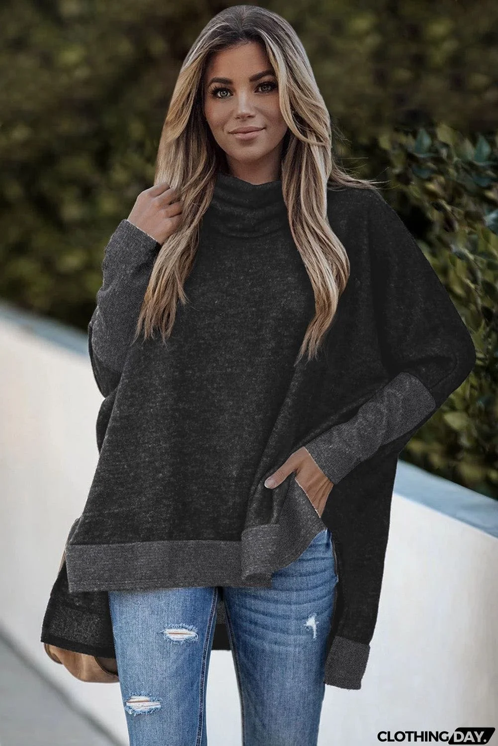 Turtleneck Bat Sleeve Side Slit Tunic Top