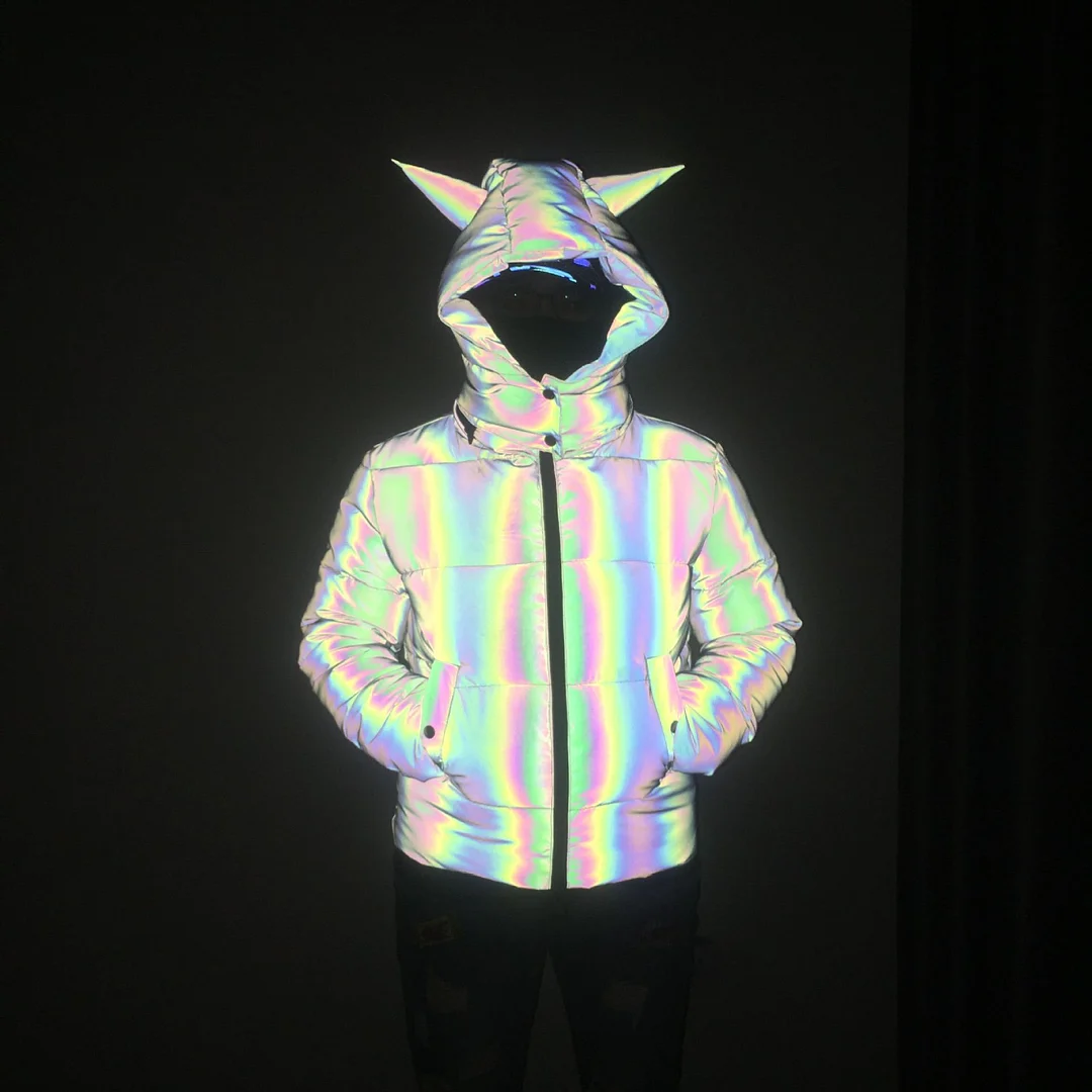Toloer Winter Fashion Dazzle Color Reflective Cotton-Padded Clothes Women Lovely Three-Dimensional Beast Horn Rainbow Color Luminous Cotton-Padded Clothes-Outfit Ideas