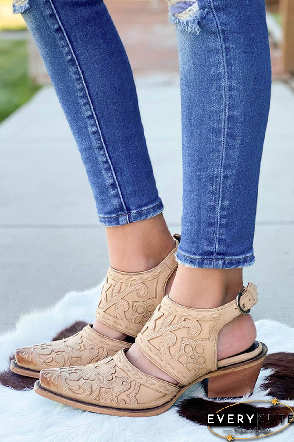 Etching Cut Out Chunky Heels Ankle Mule Boots