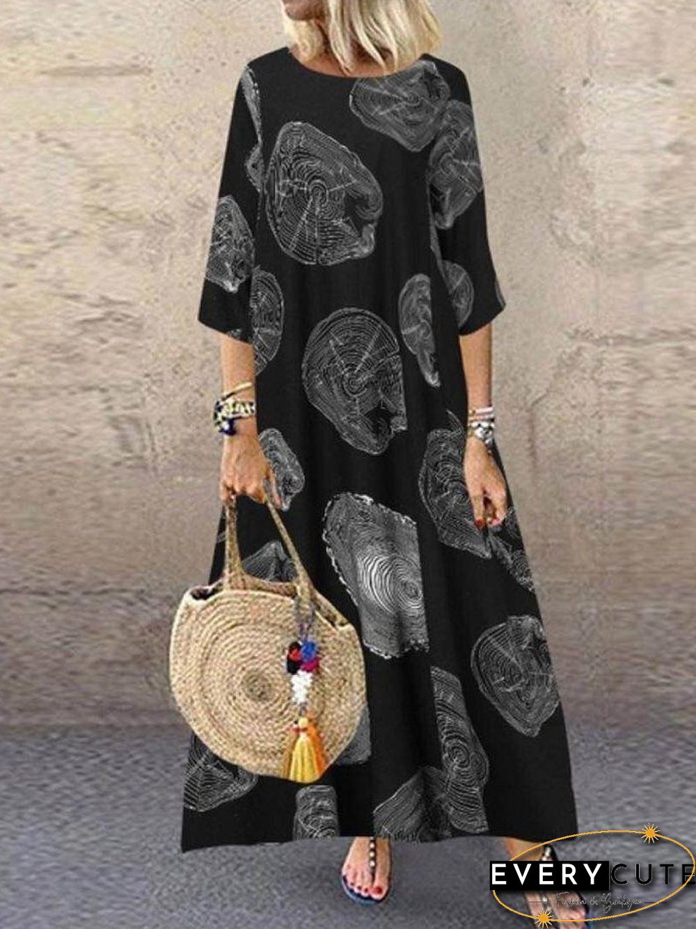 Vintage Cotton Print A-Line Round Neck Casual Maxi Weaving Dress