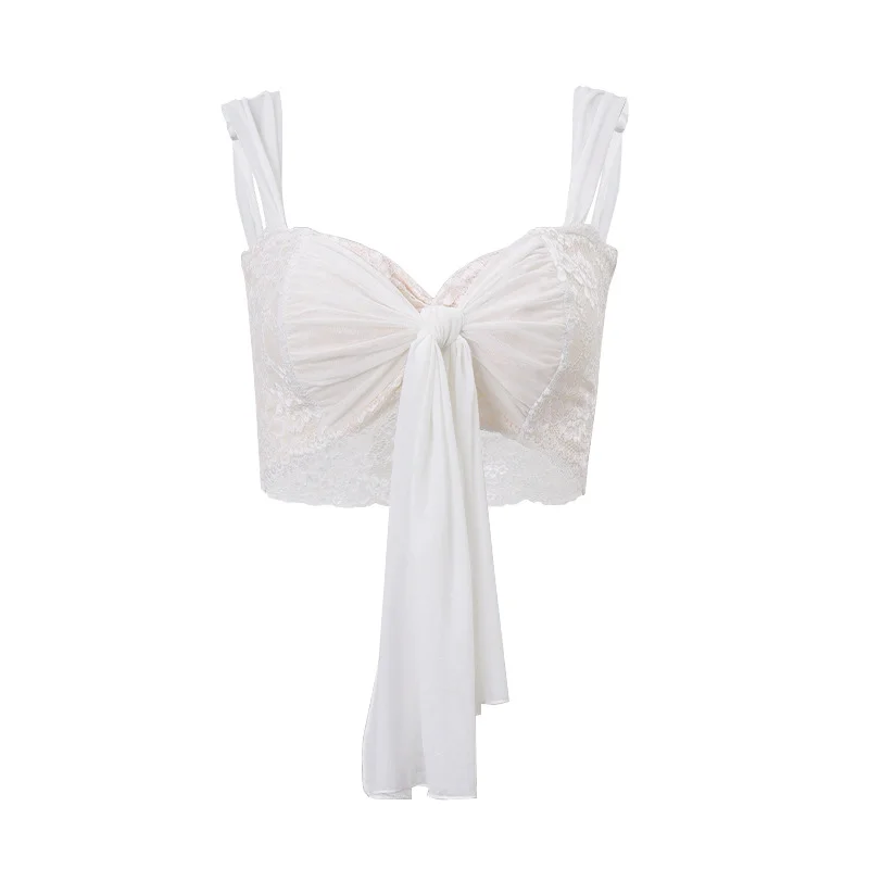 Brownm Brownm Women's Summer 2024 New Sexy Hot Girl Pure Desire Lace Mesh Stitching Strap Wrapped Chest Top