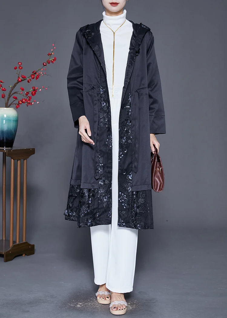 Black Patchwork Cotton Trench Embroideried Hooded Fall