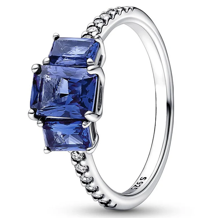 Authentic 925 Sterling Silver Sparkling Non-stackable Blue Rectangular Three Stone Ring For Women Wedding Party Fashion Jewelry