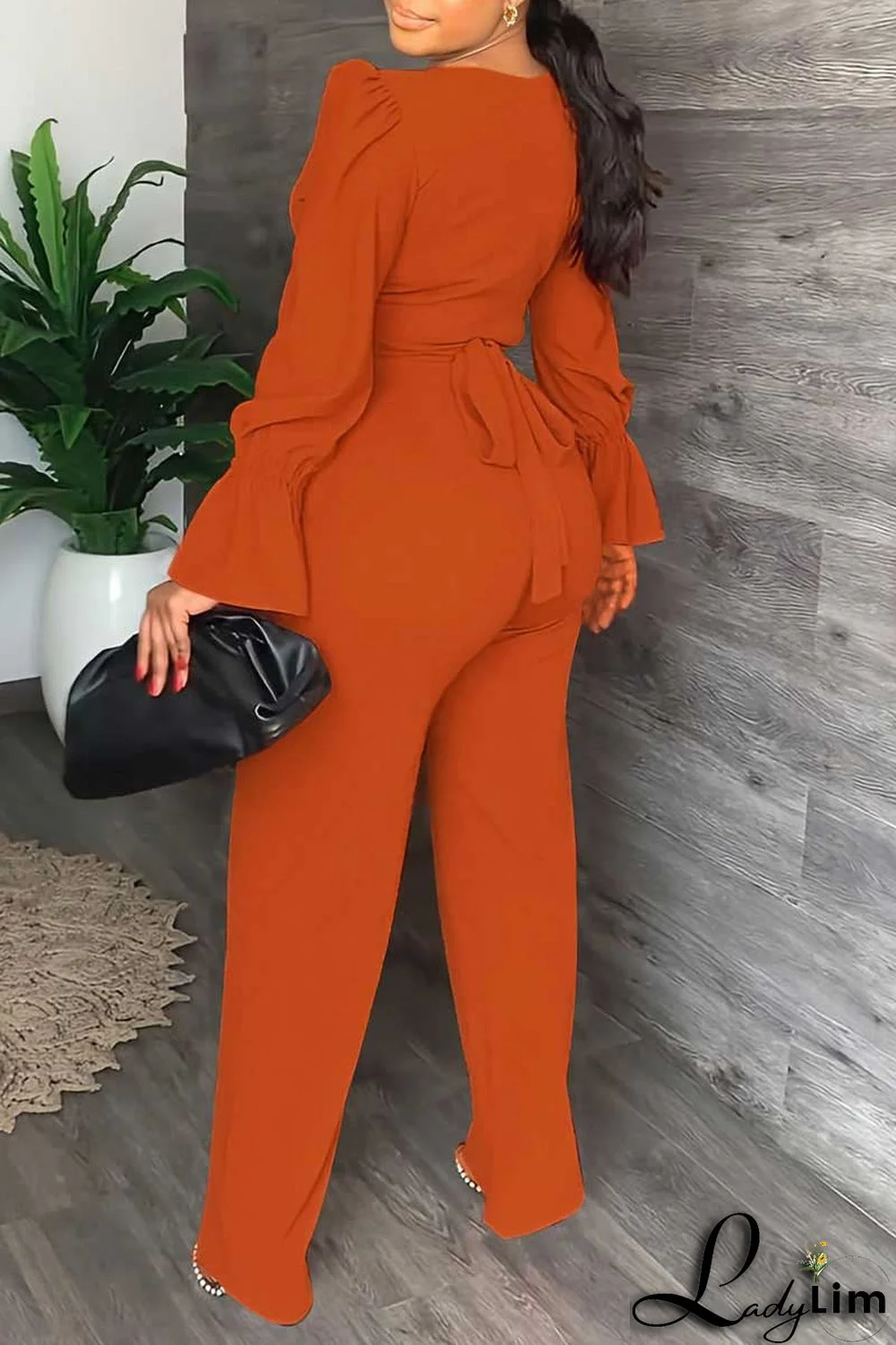 Tangerine Casual Solid Patchwork V Neck Long Sleeve Two Pieces