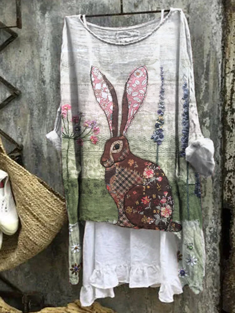 VChics Women's Spring Bunny Embroidery Linen Blend Shirt