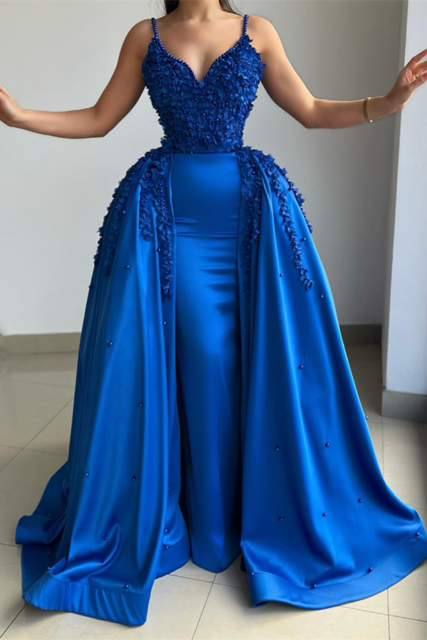 Bellasprom Royal Blue Spaghetti-Straps Party Dress Overskirt Sleeveless With Pearls Appliques Bellasprom