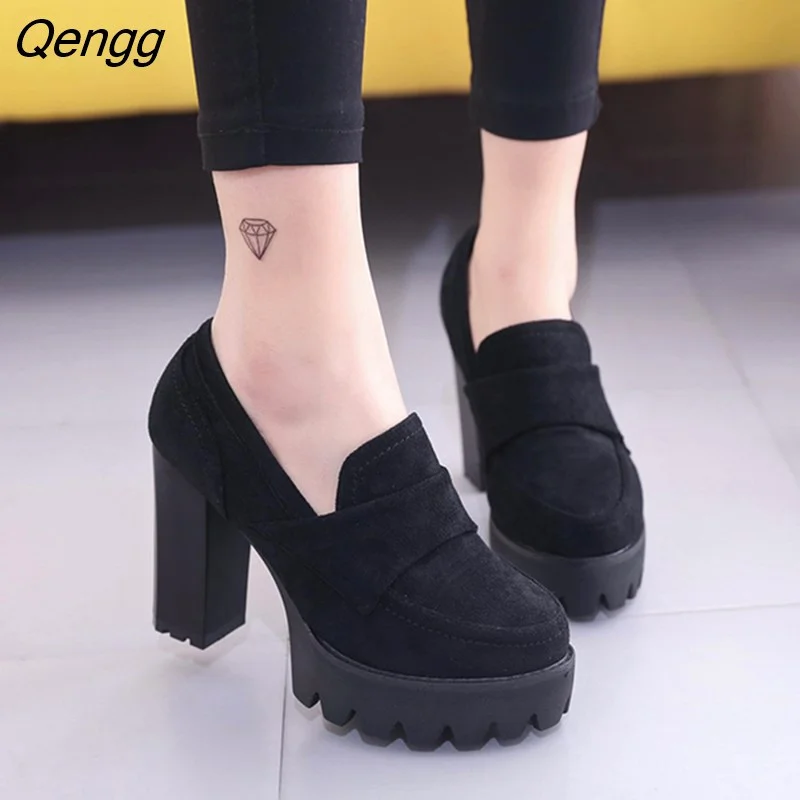 Qengg with 10CM Pumps Suede high heels thick round head waterproof platform black single shoes woman thick bottom was thin 358