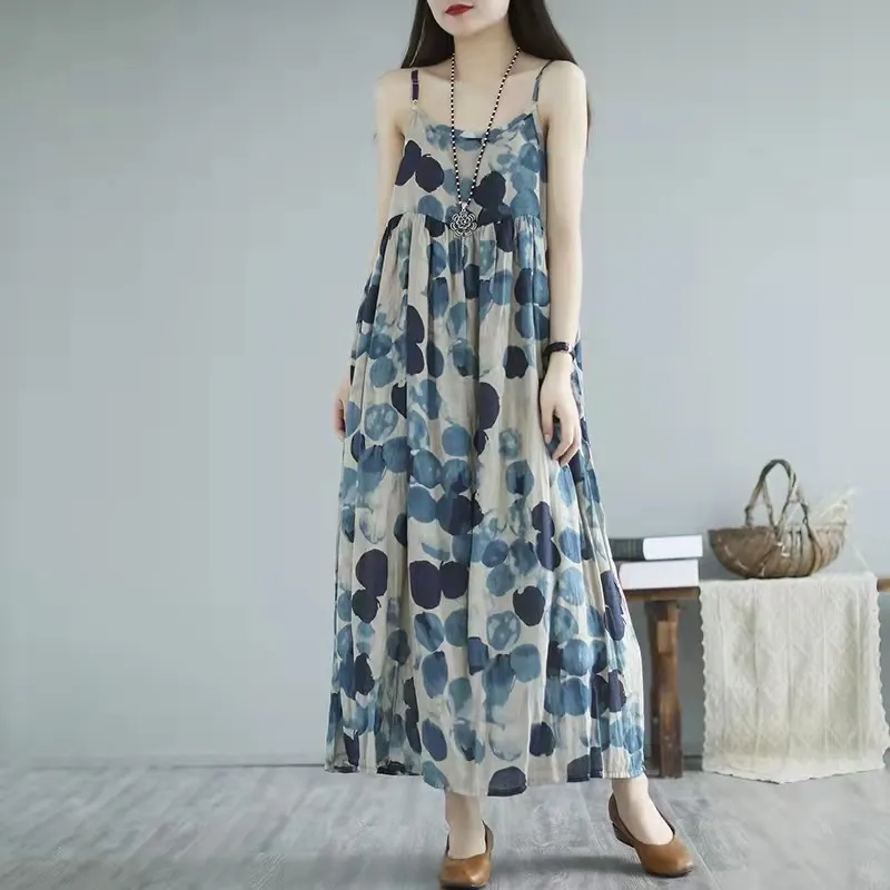 Brownm Brownm Summer Halo Staining Wave Point Long Sling Dress Large Swing Temperament Flowing Thin Literary Long Dress
