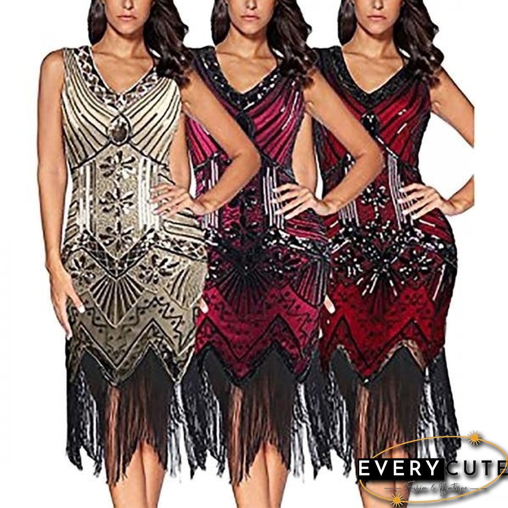 Vintage Dress Great Gatsby Dress 1920S Sequin Flapper Evening Dress Prom Tassel Hem Dress