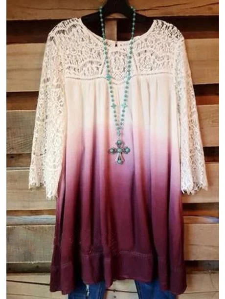 Women Scoop Neck Long Sleeve Lace Gradient Top