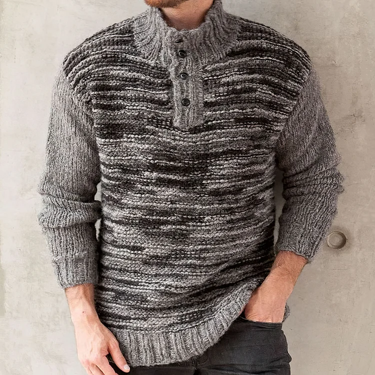Utbros Men's Rough Pattern Button Stand Collar Sweater