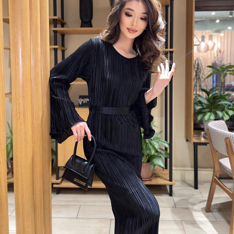 Ootddress Fashion Ruffled Lace-Up Long Dress Women Slim Long Sleeve Striped Pleated Party Dress Autumn 2025 Solid Gown Female Dress