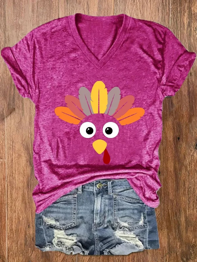 Women's Thanksgiving Funny Turkey Face With Feathers Casual V-Neck Tee socialshop