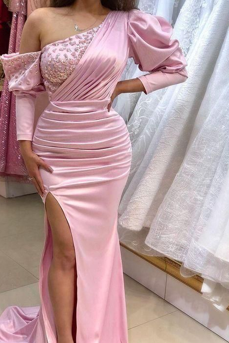 Luluslly Pink Long Sleeves Prom Dress Split With Beads