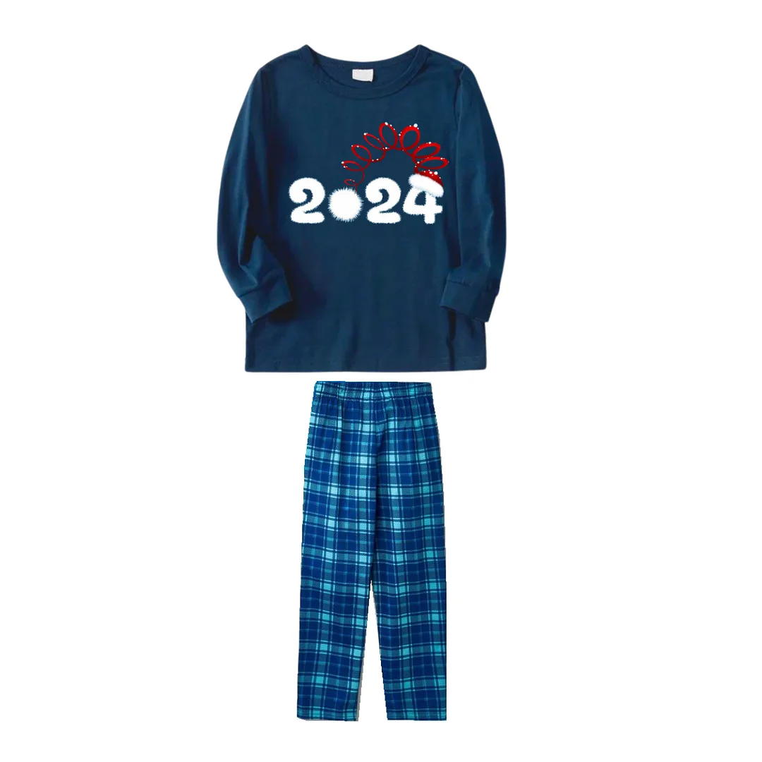 "Cute 2024" Printed Blue Long Sleeve Top With Blue Plaid Family Matching Pajamas