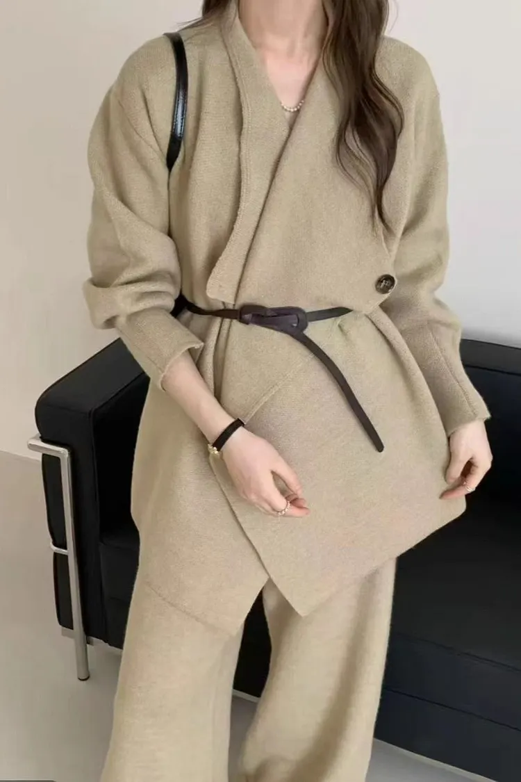 Loose Knit Big Collar Coat Wide-Leg Pants Two Piece Set