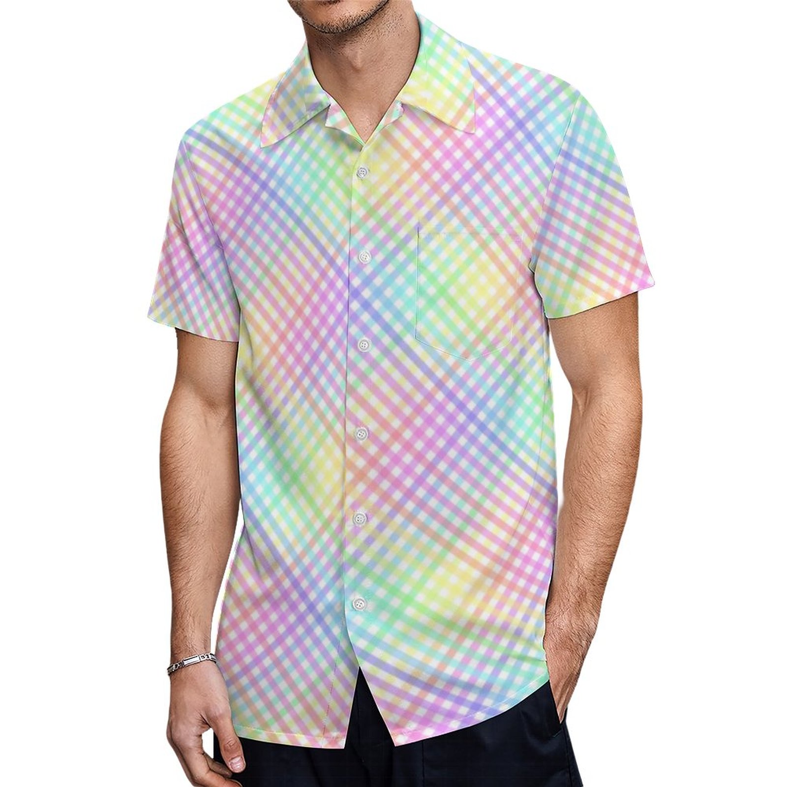 Pretty Pastel Rainbow Plaid Pattern Hawaiian Shirt Mens Button Down Plus Size Tropical Hawaii Beach Shirts