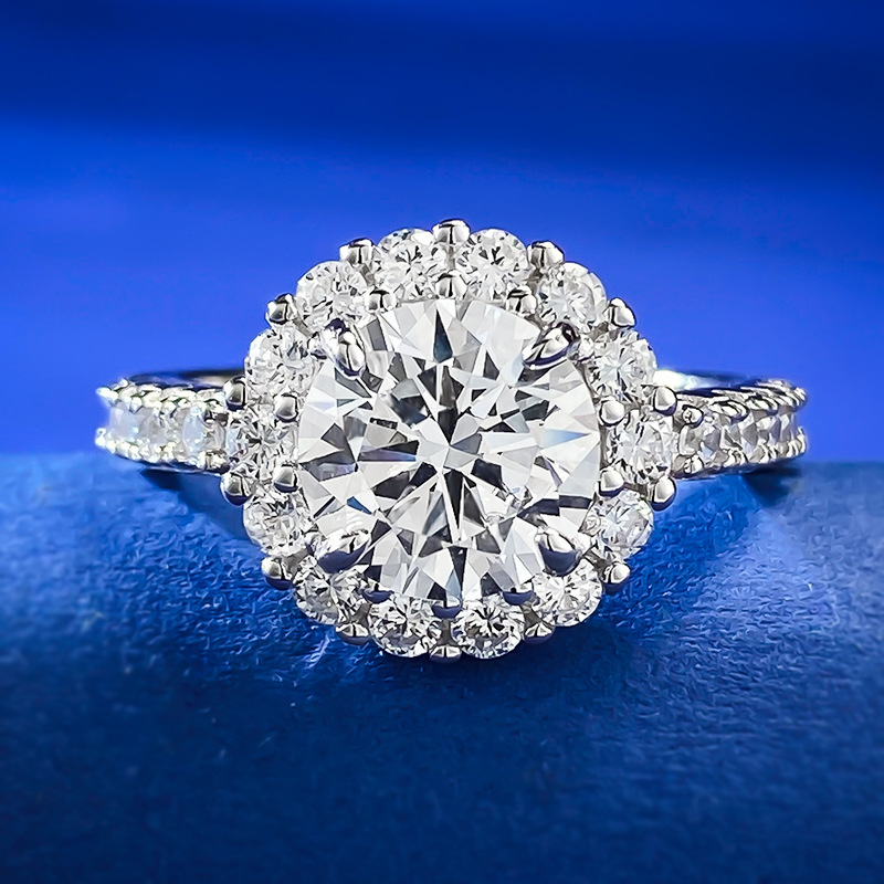 MIKAMU Jewelry 8mm Round White Diamond Ring - S925 Silver Engagement and Wedding Band with Micro-Pavé Diamonds for Women