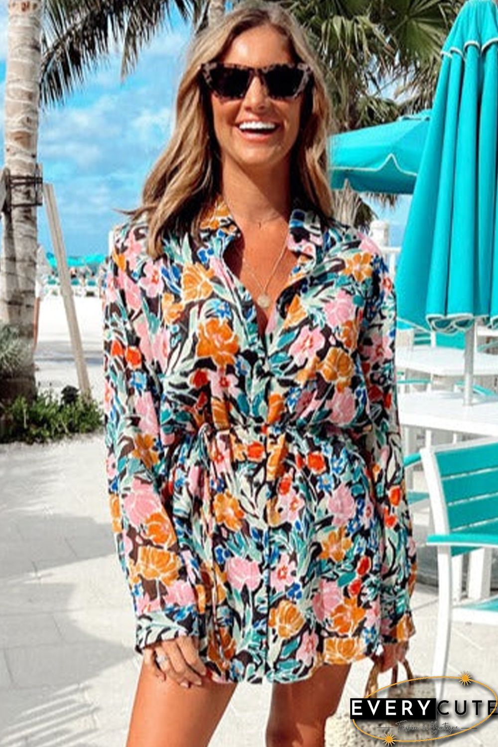 Multicolor Floral Buttoned Collared Long Sleeve Mini Dress