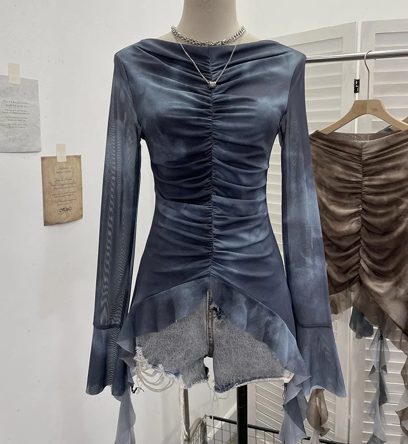 Nigikala Nigikala Shooting Hot Girl Horn Sleeve Net Yarn Bottom Shirt Girl Body Waste Wind Irregular Ribbon Long-Sleeved Top 2708