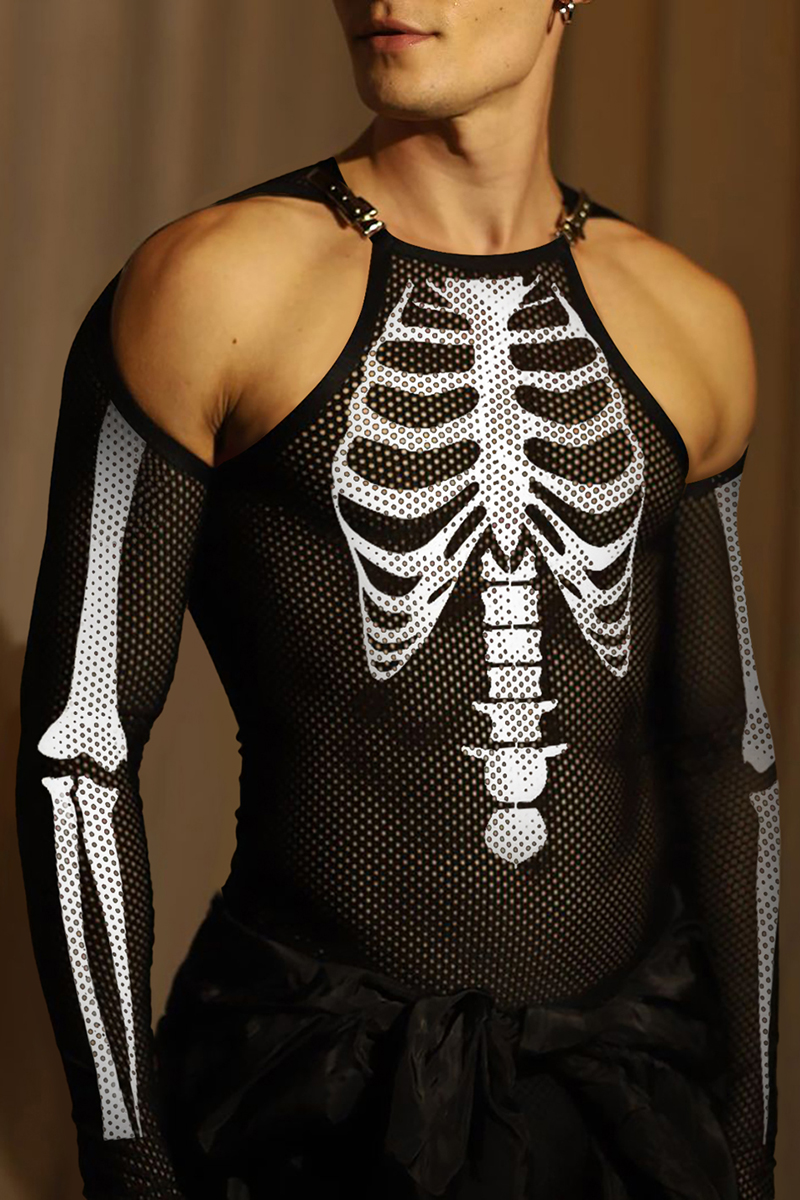 Ciciful Halloween Skeleton Print Mesh See-Through Cut Out Costume Stretchy Top