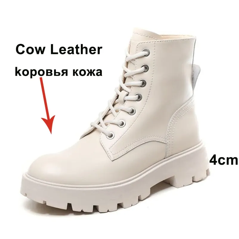 Meotina Women Genuine Leather Motorcycle Boots Round Toe Lace Up Shoes Thick Med Heel Ladies Ankle Boots 2021 Autumn Winter 40