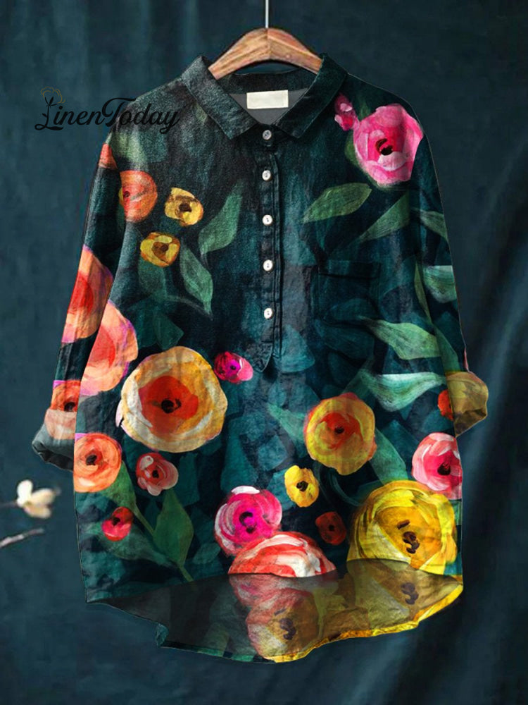 Women&rsquo;s Flower Art Print Casual Cotton And Linen Shirt Multicolor / S