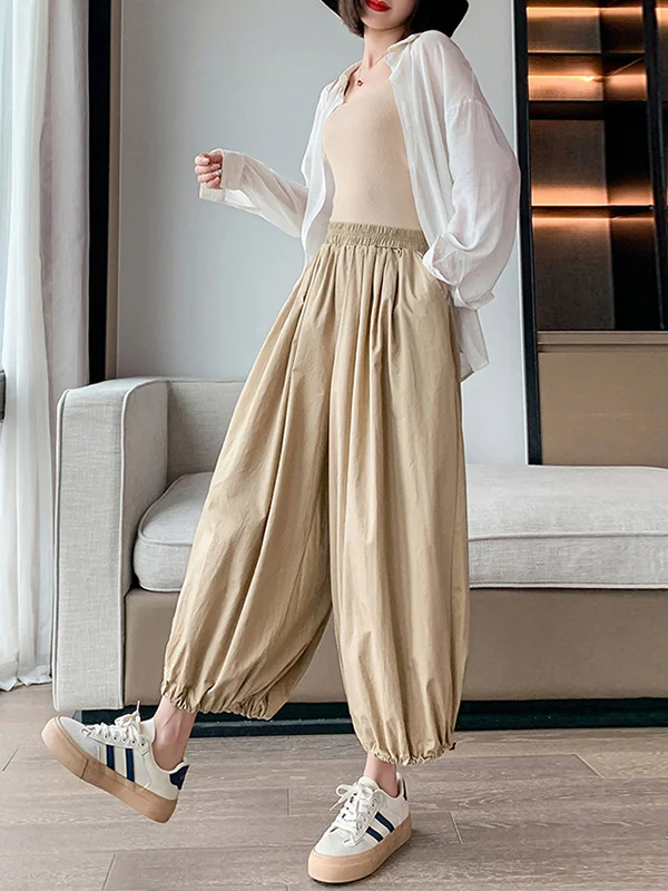 High Waisted Loose Drawstring Elasticity Pleated Solid Color Split-Joint Knickerbockers Ninth Pants Pants Trousers