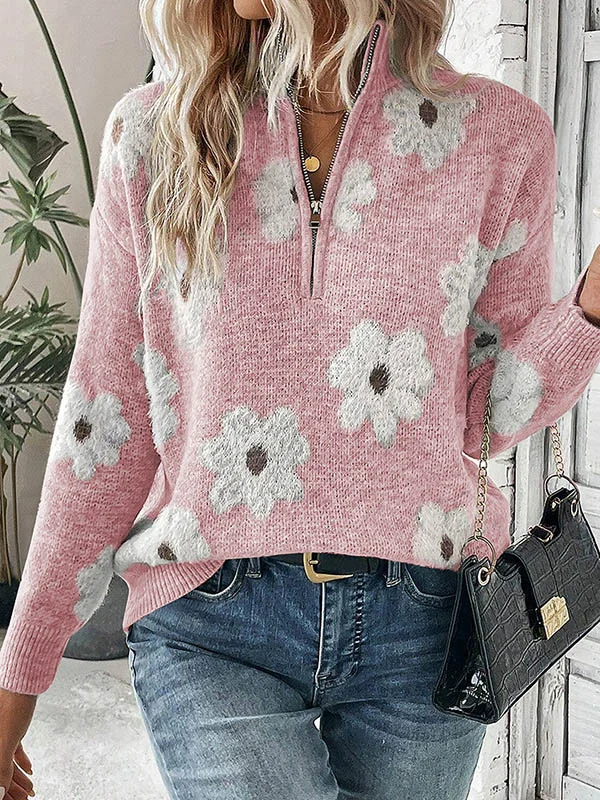 Knitted Flower Zipper Long Sleeves Loose Stand Collar Sweater Tops Pullovers