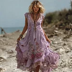 Vintage Boho Pink Roses Lace Flowy Linen Maxi Dress - Image 8