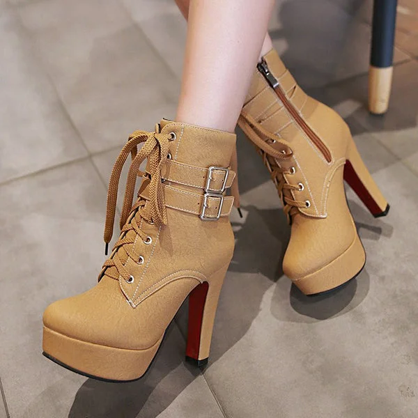 HUXM Stylish Lace Up Thick Heel Ankle Combat Boots