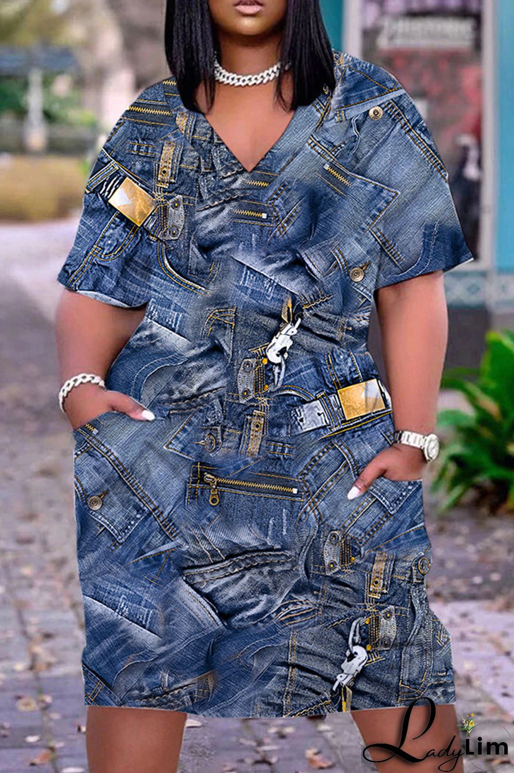 Orange Green Casual Print Patchwork V Neck Short Sleeve Dress