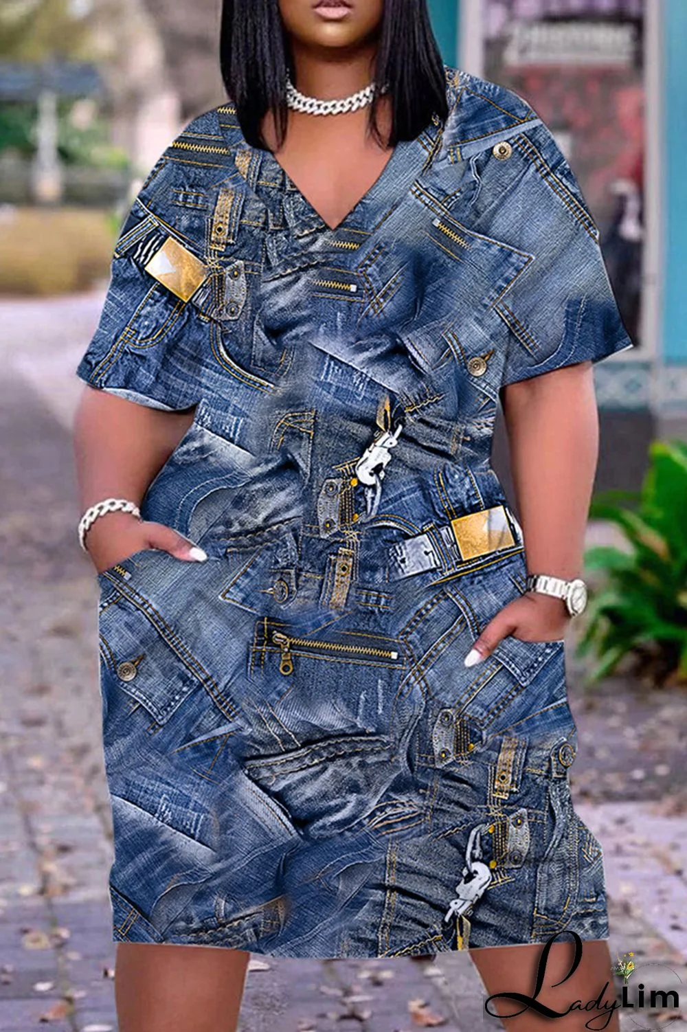 Orange Green Casual Print Patchwork V Neck Short Sleeve Dress