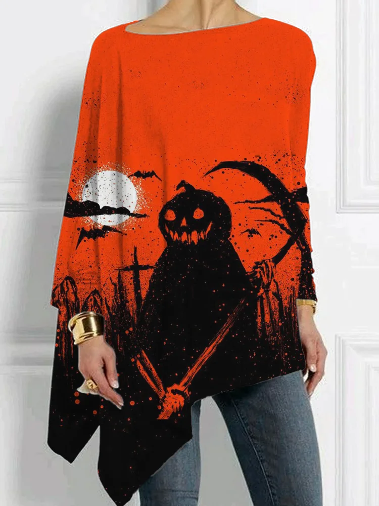 Vintage Halloween Pumpkin Ghost Art Bat Sleeve T Shirt