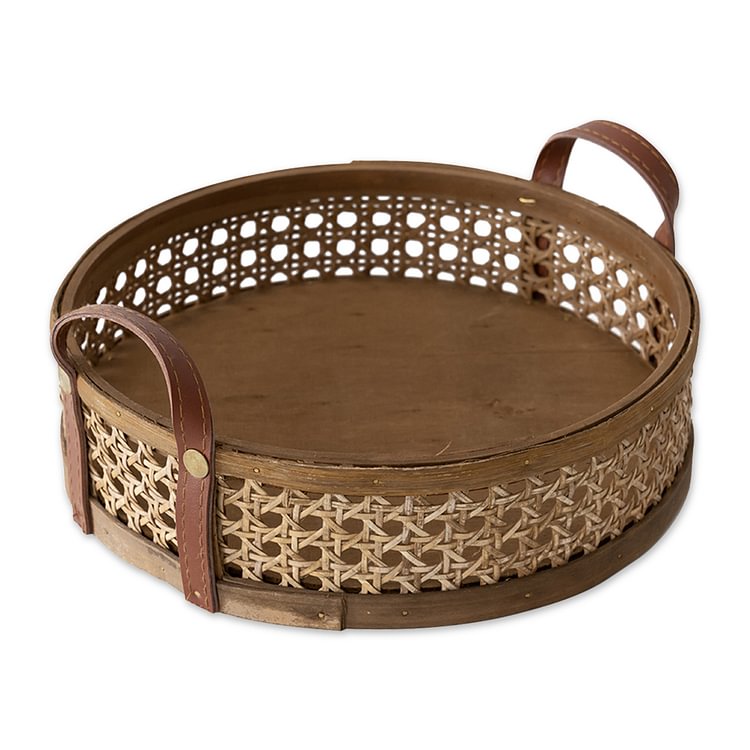 Rattan Round Handcrafted Bread Serving Tray with PU Handle