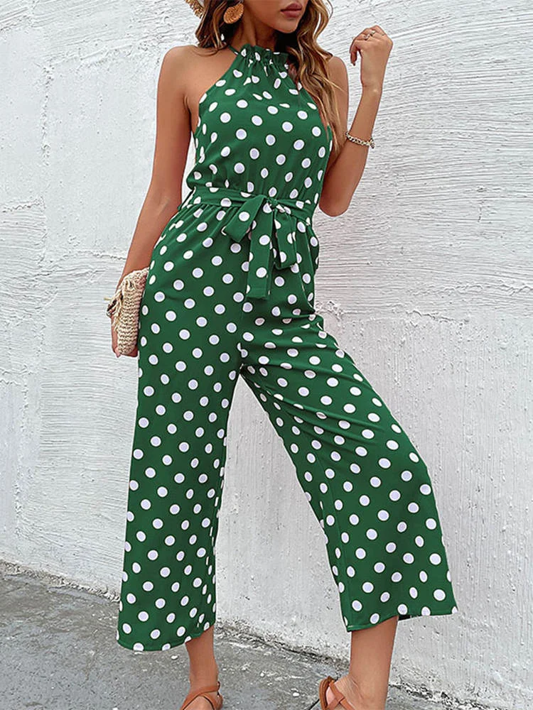 Huiketi 2023 New Summer Women's Halter Neck Pants Loose Wide Leg Fashion Polka Dots Jumpsuit For Female