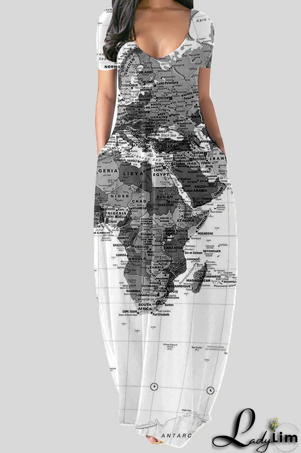 Grey Casual Print Patchwork V Neck Straight Dresses