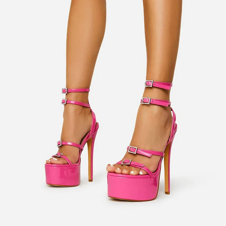 Hot Pink Patent Leather Open-Toe Strappy Heeled Platform Sandals |FSJ Shoes
