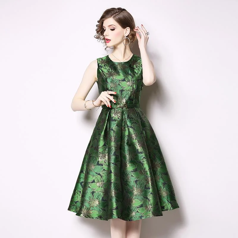 Retro Sleeveless Jacquard Dress Slim A-line Skirt