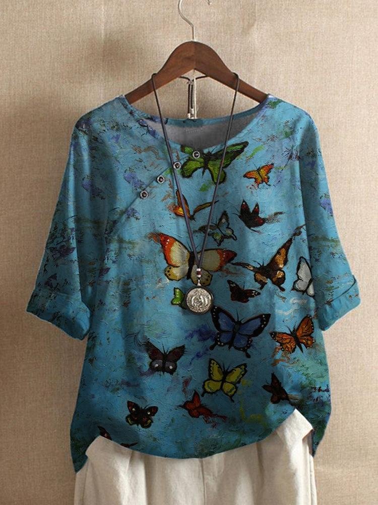 Round Neck Mid-Sleeve Imitation Cheongsam Placket Buttoned Shirt