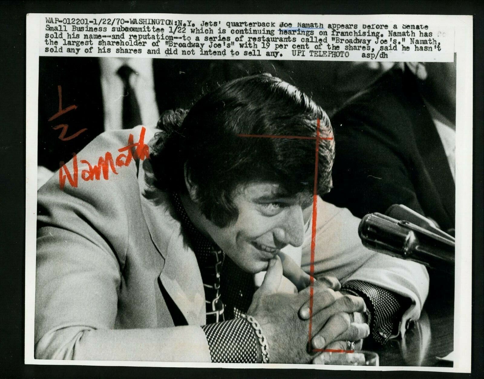 Joe Namath appears before Senate Broadway Joe's 1970 Press Photo Poster painting New York Jets