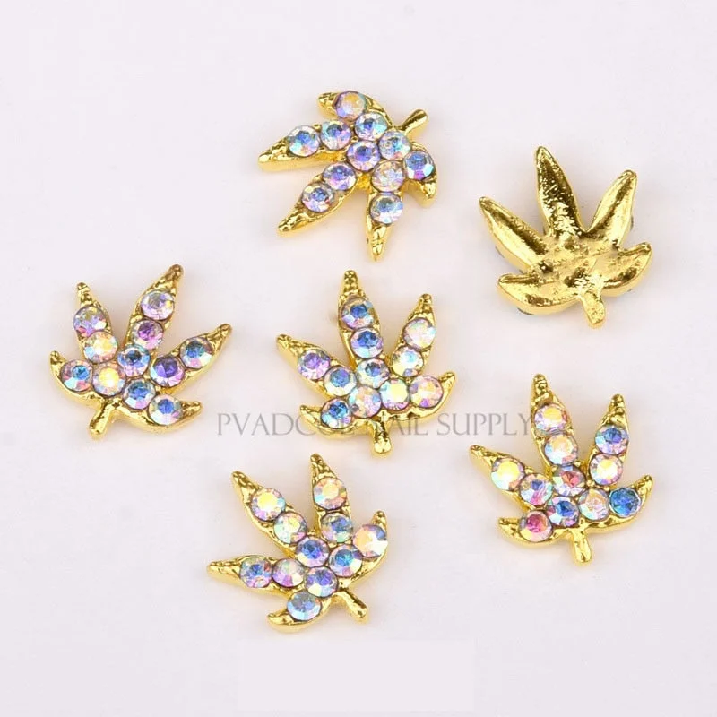 20pcs Weed Leaf Nail Charms Gold Glitter 3D Nail Art Rhinestone Alloy Luxury Nails Press On Manicure Decoration-Nail Inspo