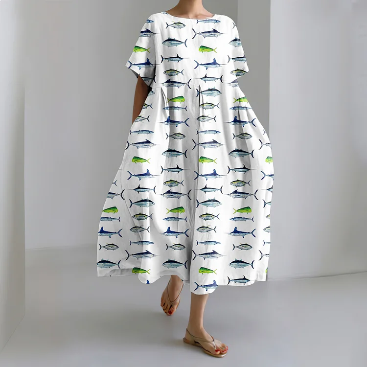 Retro Sea Fish of the North Atlantic Ocean Shark Art Pattern Linen Blend Dress