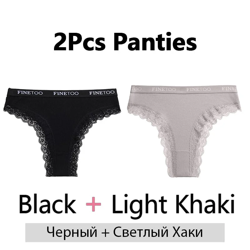 FINETOO 2Pcs/Set Cotton Panties for Women Sexy Ladies Lace G-string Solid Color Thongs Girls Plus Size M-2XL Underwear Lingerie