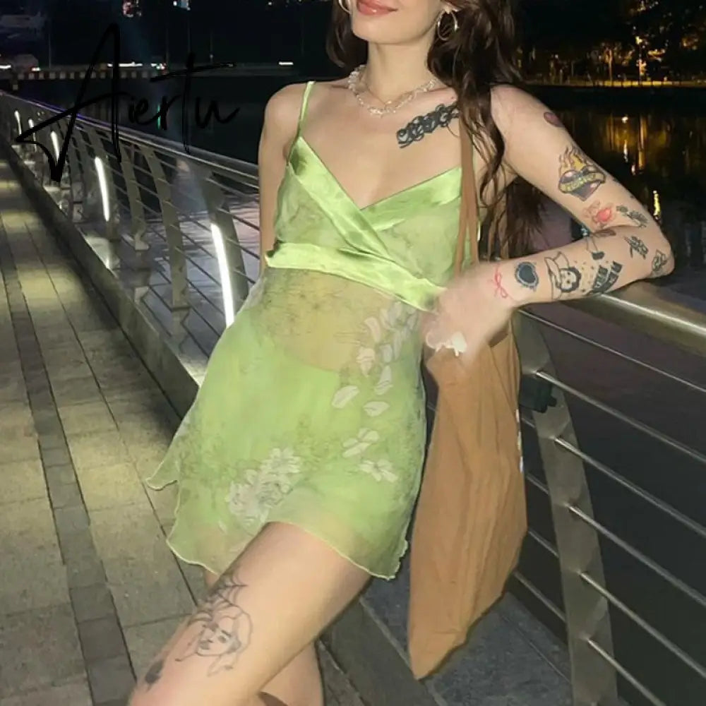 Vintage Chiffon Mini Dress y2k Fairycore Grunge Floral V Neck Backless Spaghetti Strap Sexy Dress Women Beach Sundress Aiertu
