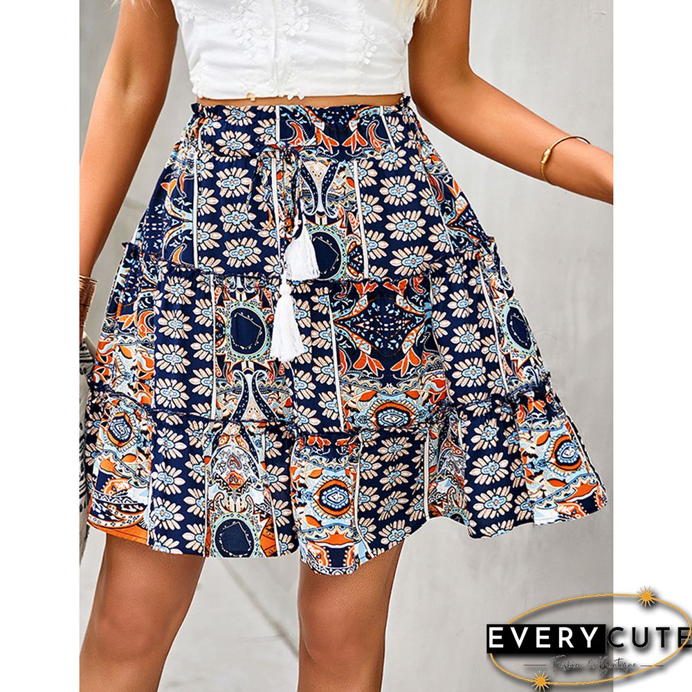 Navy Blue Bohemian Print Lace-up Summer Skirt