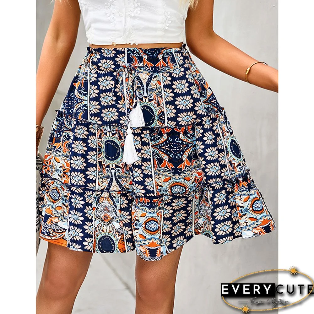 Navy Blue Bohemian Print Lace-up Summer Skirt